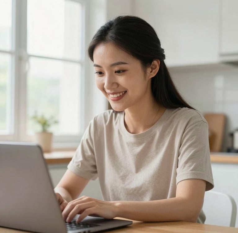 Medium close-up of a smiling volunteer teacher in a bright kitchen looking at her laptop screen with a warm, authentic expression, natural window light, shallow depth of field