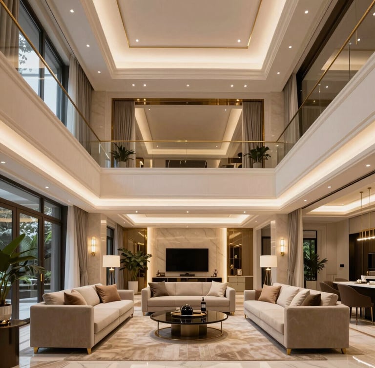 Straight-on architectural shot of a luxury villa living room in Gurgaon, double-height ceiling, layered ambient lighting, champagne gold accents.