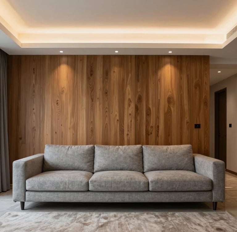 Straight-on architectural shot of a luxurious modern living room in Gurgaon, warm integrated LED lighting, custom oak wall paneling, low-profile grey linen sofa, minimalist aesthetic.