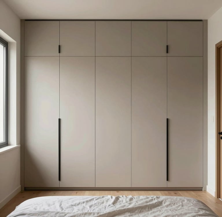 Straight-on architectural perspective of a modern 3 BHK bedroom in Noida, floor-to-ceiling modular wardrobes, soft natural light.