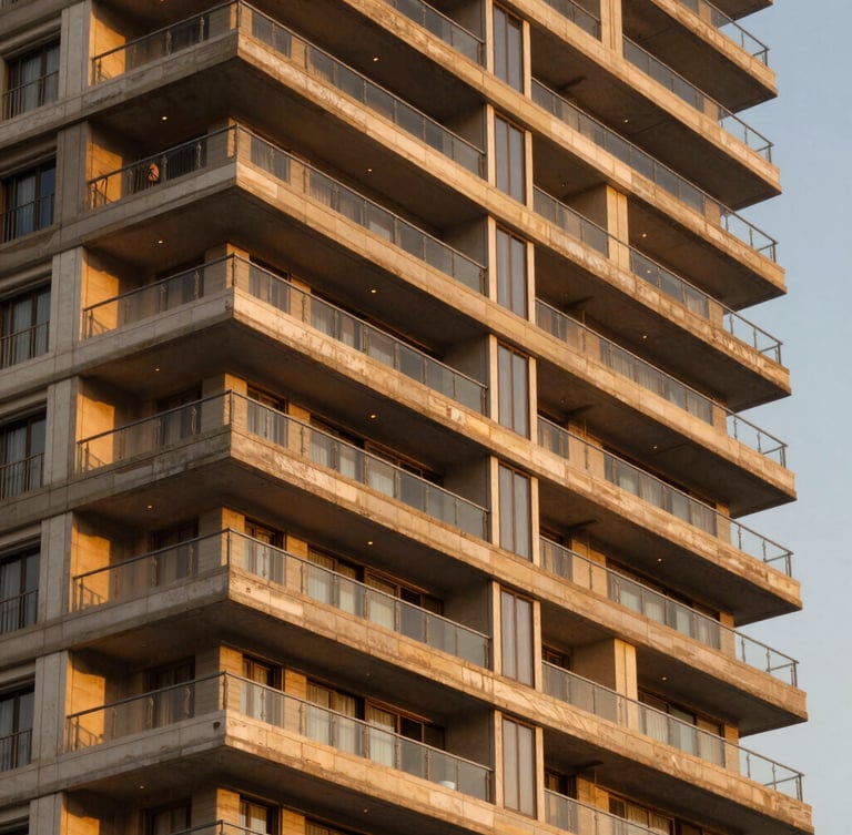 Dramatic golden hour close-up of a luxury high-rise cantilevered balcony in Vadodara, architectural symmetry, warm interior lights glowing, clean lines.
