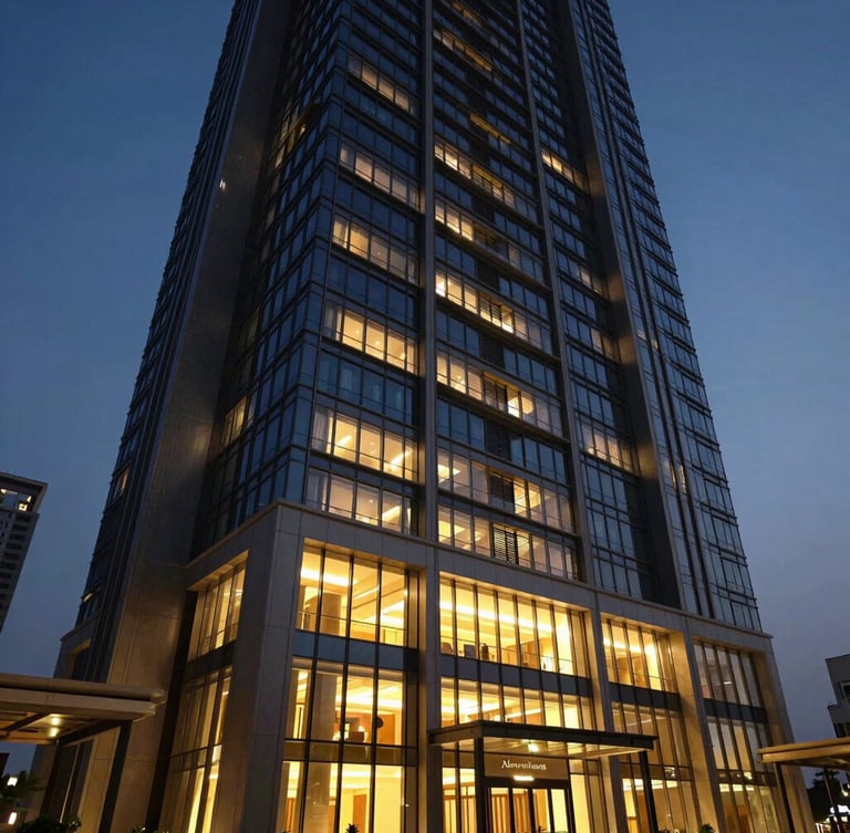 Dramatic twilight exterior of a modern luxury high-rise in Alkapuri, warm interior lights glowing through floor-to-ceiling glass, clean architectural lines against a deep dusk sky.
