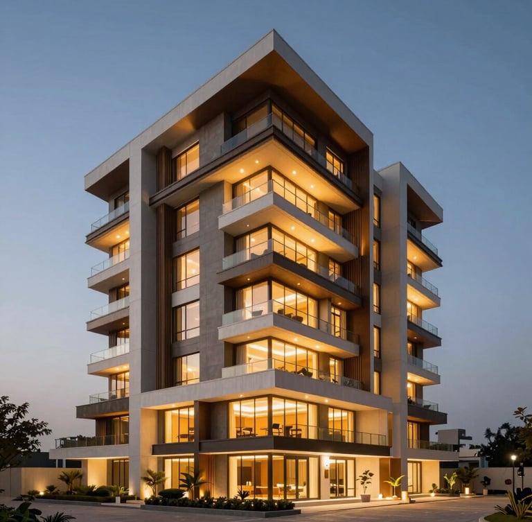 Wide-angle architectural symmetry of a luxury modern penthouse exterior in Vadodara at dusk, glowing warm interior lighting, cantilevered balconies, clean geometric lines, twilight sky.