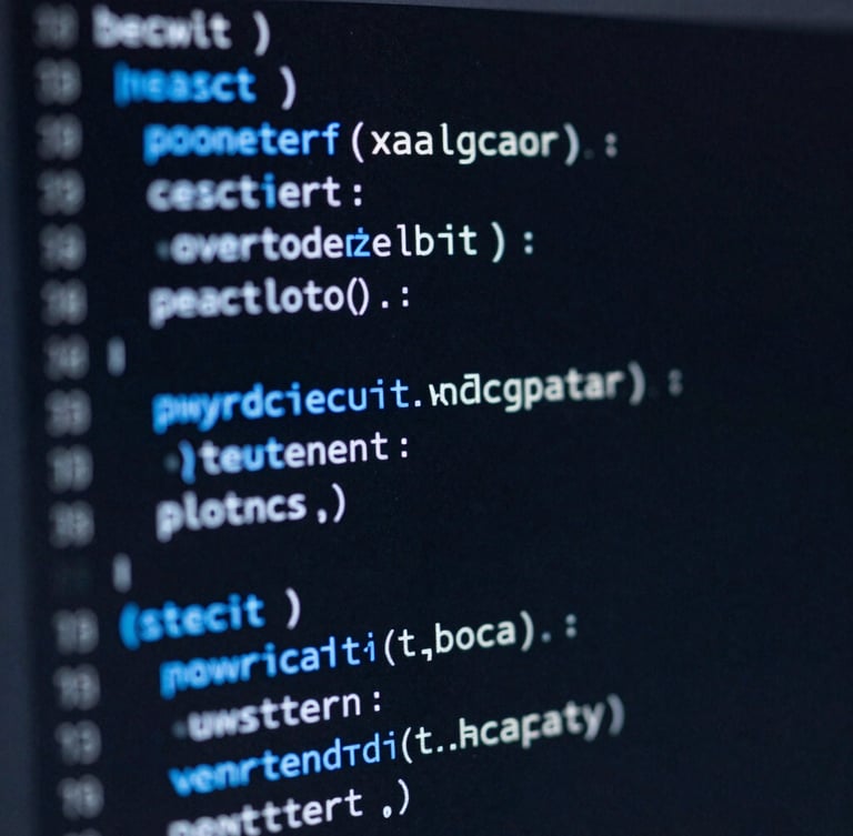 Tight macro shot of clean code on a dark screen with blueprint-blue syntax highlighting, sharp focus, low-key moody studio lighting