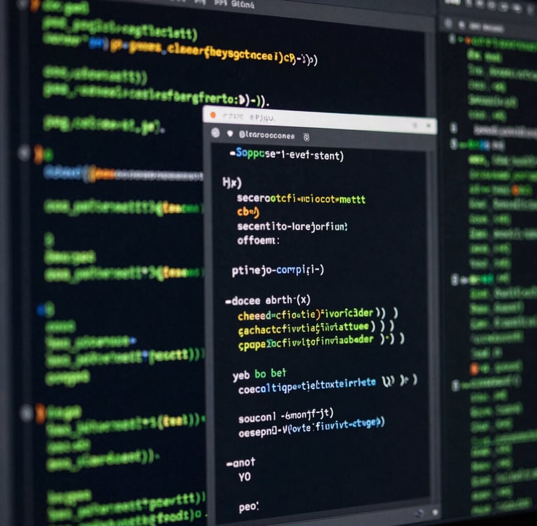 Macro shot of clean code on dark screens with sharp terminal-green highlights, structured grid overlay, technical blueprint aesthetic, low-key lighting.