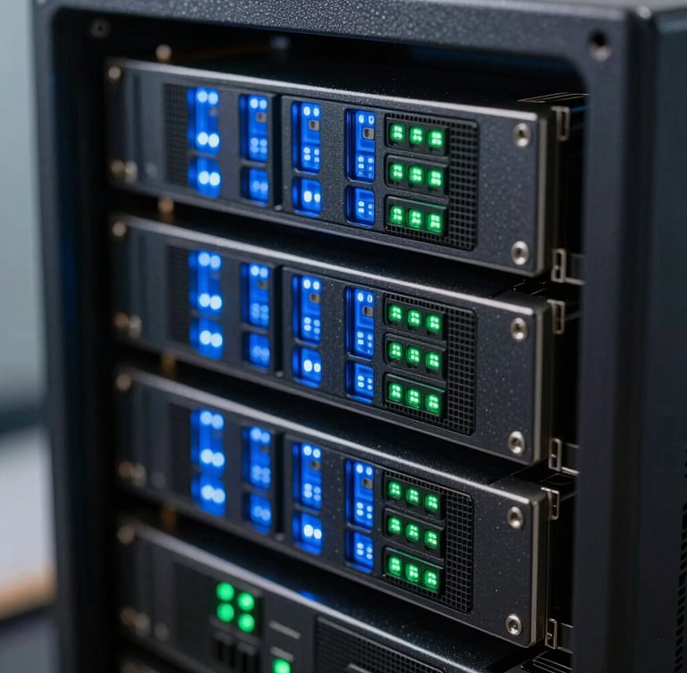A tight macro shot of clean server hardware with glowing blue and terminal-green LED indicators, emphasizing structured data flow and high physical system integrity.
