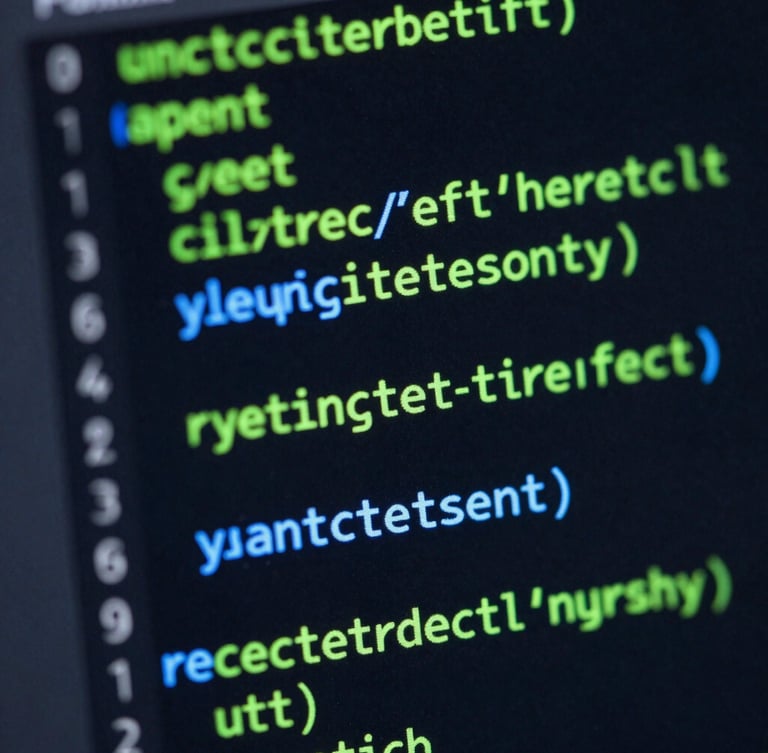 Tight macro shot of terminal screen with clean compiled code, glowing neon green and blue syntax, dark background, sharp focus