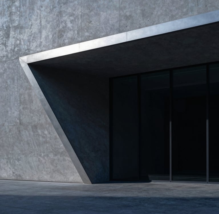 Sweeping architectural perspective of a minimalist concrete and dark glass structure, sharp silver angles, dramatic cool directional lighting, deep indigo shadows.