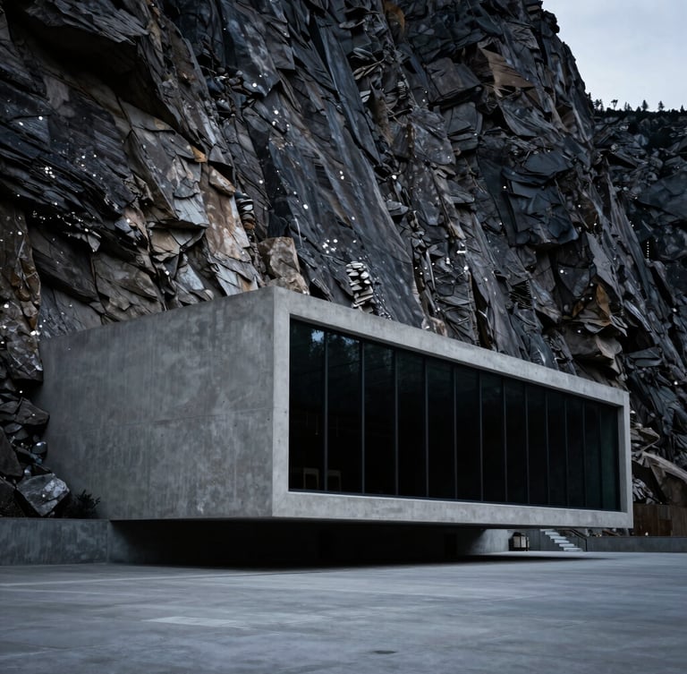 Sweeping architectural perspective of a minimalist concrete and dark glass structure nestled against a rugged Wyoming mountain cliff, dramatic low-key lighting, cool silver highlights