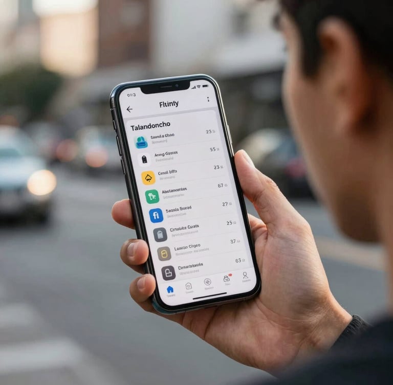 Close-up of a young Latin American holding a smartphone displaying a clean, modern financial app interface, natural high-contrast afternoon sunlight, urban background.
