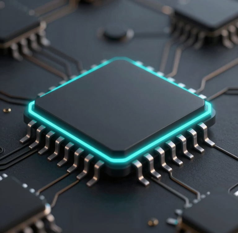 Macro close-up of a physical microchip enclave, dark technical 3d render, high-contrast electric cyan edge lighting, obsidian tones, sharp focus