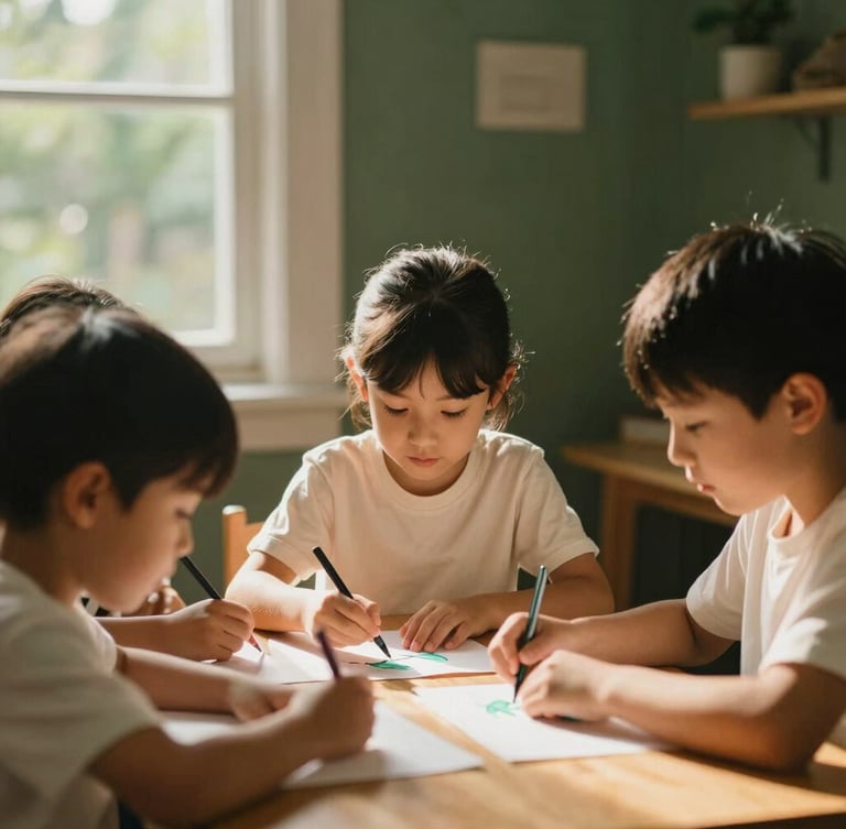 A warm, candid portrait of children collaborating on a creative project around a wooden table, soft window light filtering in, deep forest green and cream tones, shallow depth of field.