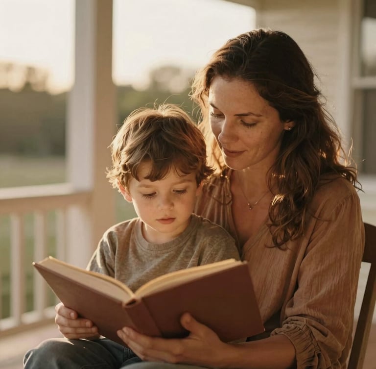 A warm candid photo of a mother and her young son reading a book together on a porch, soft golden-hour light, rich earthy tones.