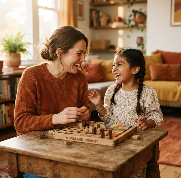 Candid eye-level medium shot of a mentor and a young child laughing over a wooden tabletop board game, warm golden-hour light filtering through window, rich earthy tones, shallow depth of field, candid 35mm.