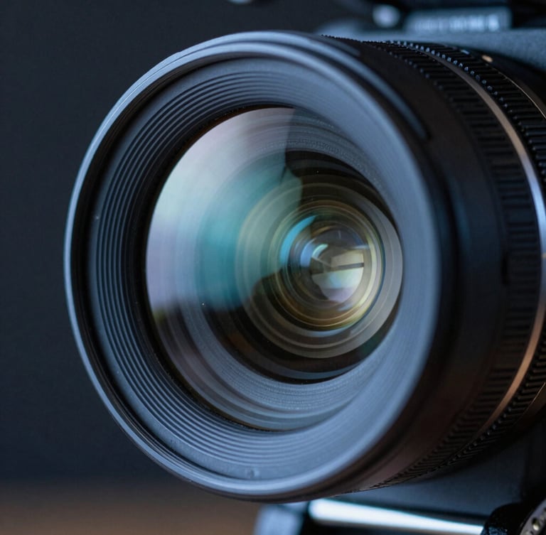 Extreme close-up of a high-end cinema camera lens, cool blue ambient light reflecting off the glass, sharp focus, dark background