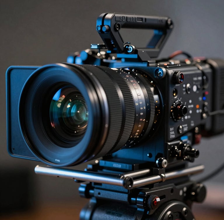 Extreme close-up of a high-end cinematic camera rig on a dimly lit London set, cool blue ambient light reflecting off the metal lens casing.