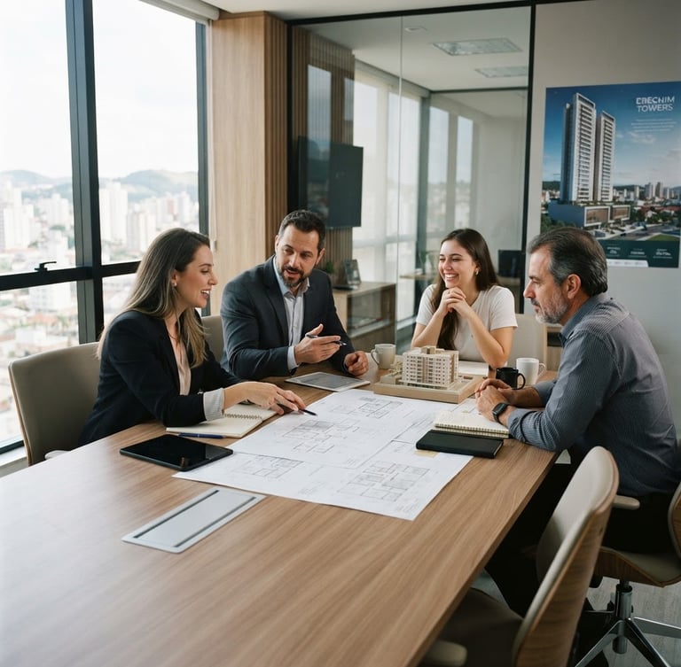 A professional editorial photograph of a modern meeting room in Erechim, bright daylight, real estate brokers collaborating around a table with architectural plans, sharp focus.