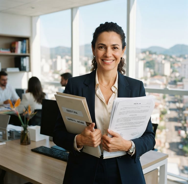 Medium portrait of a professional real estate broker in a bright, modern office in Erechim, holding official documents, warm natural light, 35mm editorial style