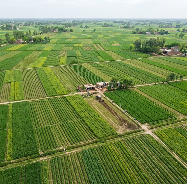 Overhead wide-angle view of structured green agricultural fields in Punjab, bright natural overcast daylight, sharp crop rows, 35mm lens