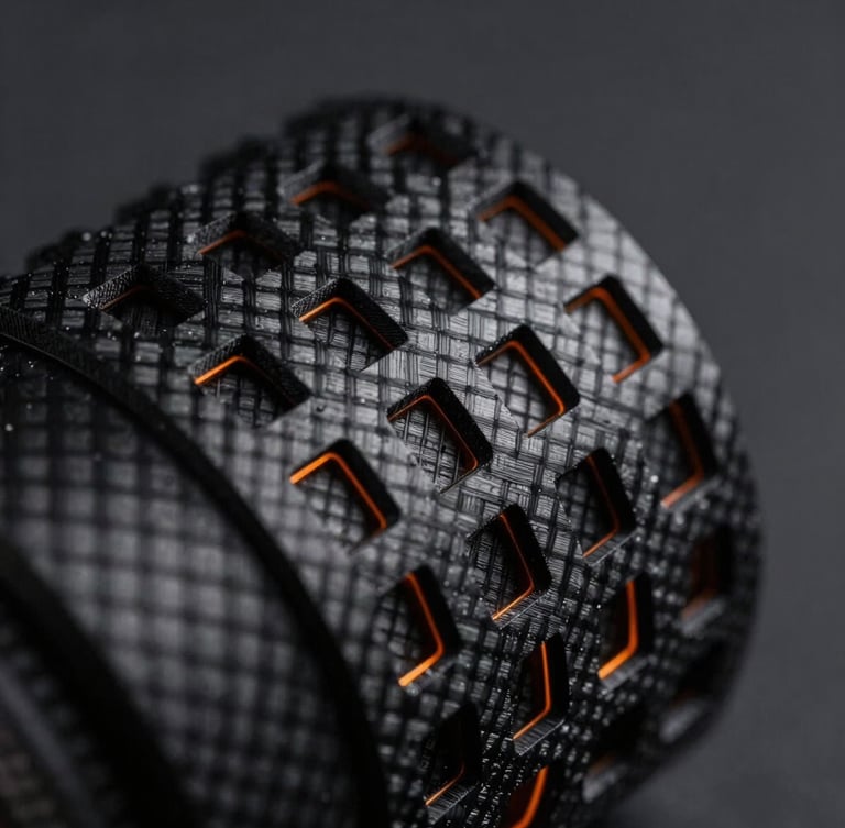 Extreme macro shot of a black 3D printed carbon-fiber lattice structure, dramatic side-lit studio lighting, orange rim light highlighting microscopic layer lines, sharp focus on textures, 100mm lens, dark charcoal background