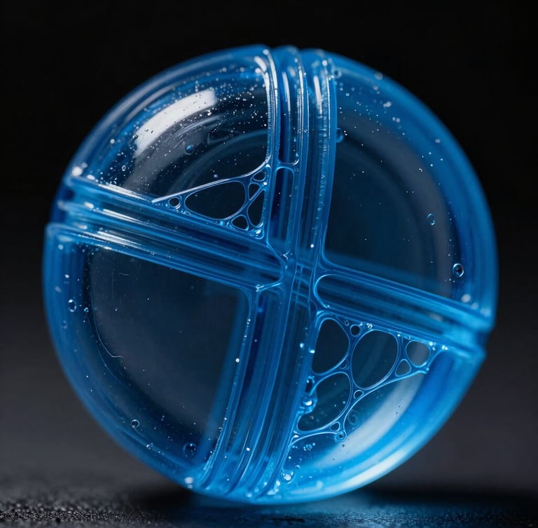 Extreme macro close-up of translucent blue SLA resin print catching sharp side light, showing internal micro-lattices and ultra-thin layers, high-contrast dark mood, 100mm lens
