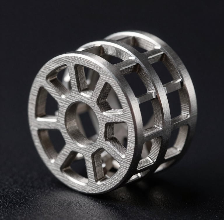 Macro shot of a sliced 3D printed titanium lattice structure, high-contrast industrial lighting, sharp metallic edges, dark background