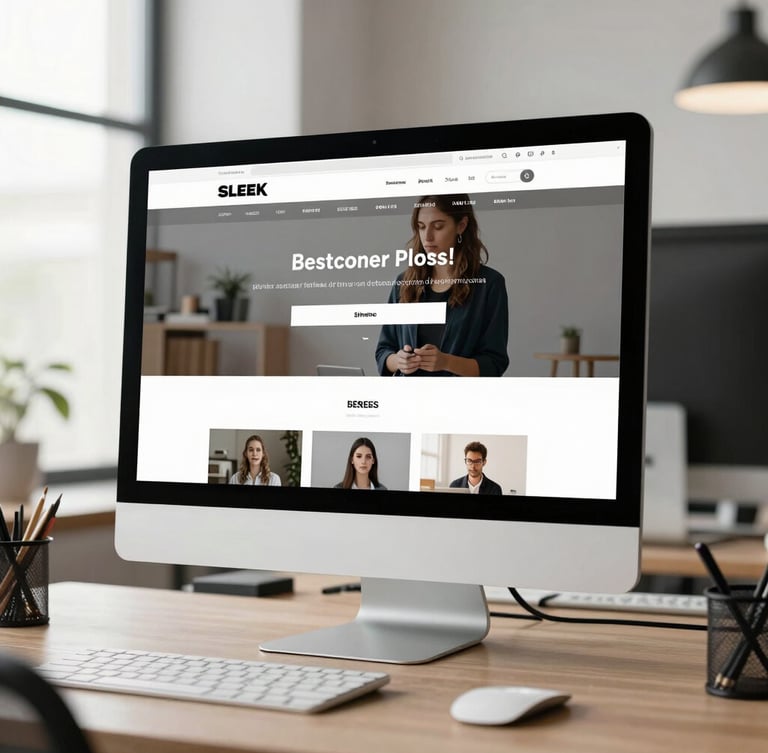 Sleek desktop monitor displaying a sharp, modern business website mockup, bright natural office lighting, minimalist desk setup, high contrast.