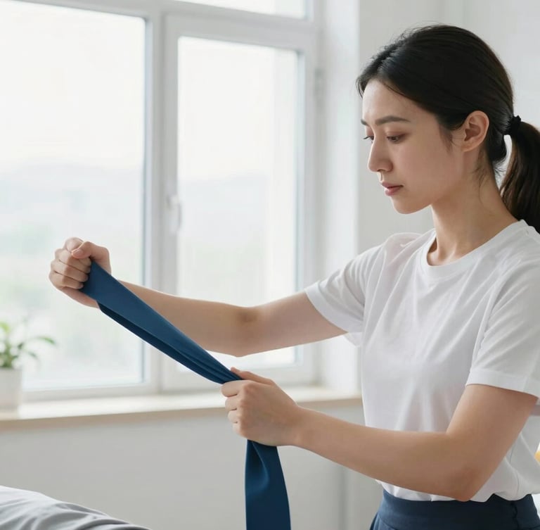 Close-up of a female physiotherapist (Negin Rabi) guiding a patient through a rehabilitation exercise with a resistance band, focusing on form and joint alignment, bright clinical interior, natural window daylight, crisp white and navy tones, shallow depth of field, 35mm lens.