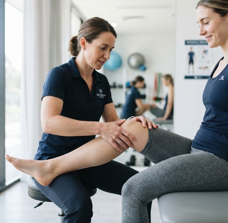 A physiotherapist gently guiding a patient's knee during a rehabilitation exercise, focusing on proper form, bright natural daylight, crisp white and navy tones, shallow depth of field, 35mm lens.