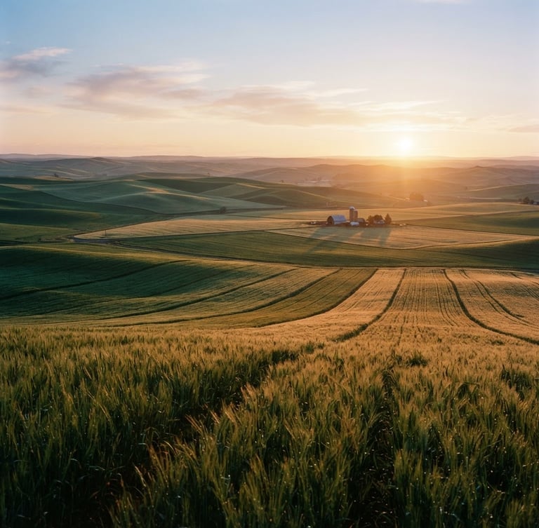 Cinematic wide-angle view of perfectly geometric green fields at sunrise, soft golden-hour morning light casting long shadows across the dew-covered crops, 35mm photography.