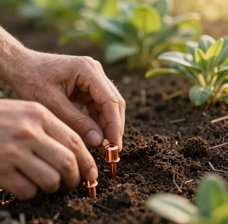 Macro shot of hands interacting with advanced copper soil sensors embedded in rich dark earth, soft golden morning light, shallow depth of field.