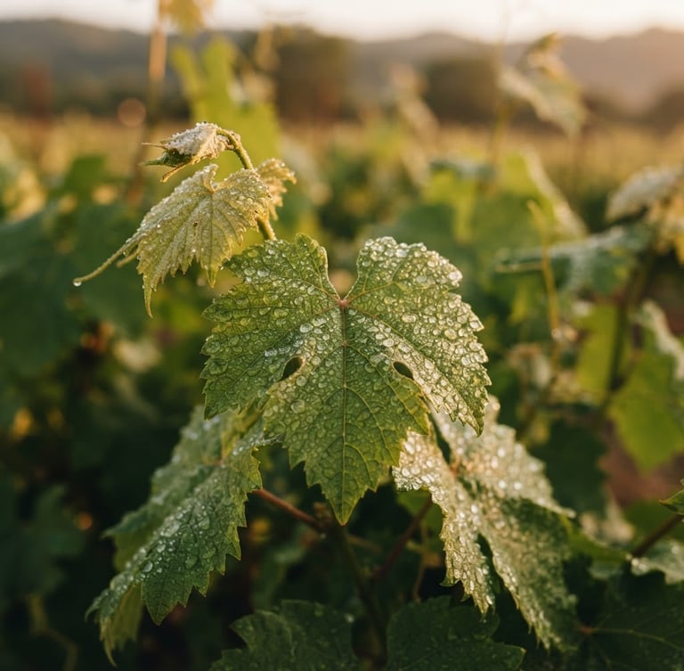 Cinematic macro shot of dew-covered organic leaves on a young heirloom vine, golden-hour morning light casting a warm copper glow, shallow depth of field