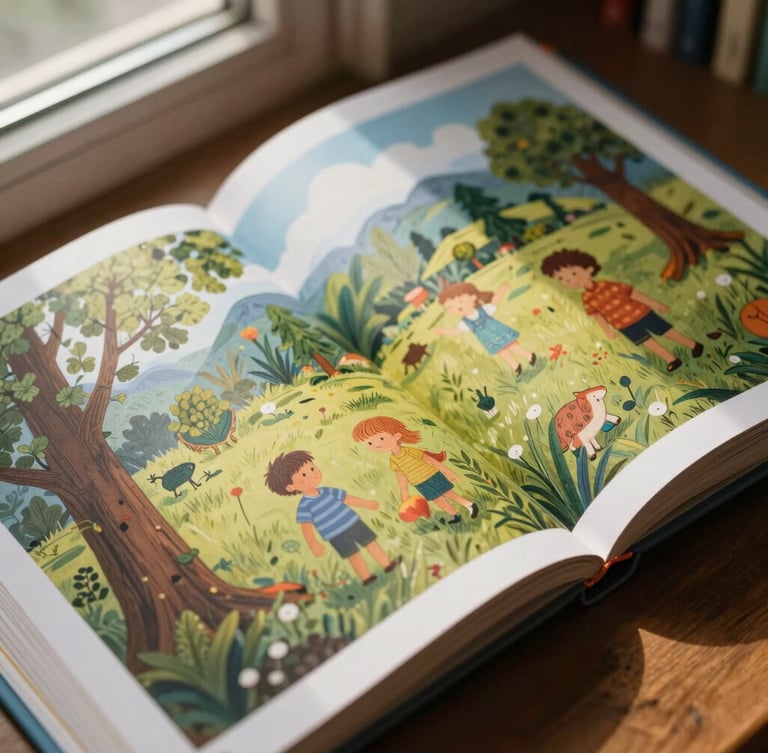 Macro overhead shot of an open children's book displaying rich, saturated illustrations on thick matte paper, natural library window light, soft shadows.