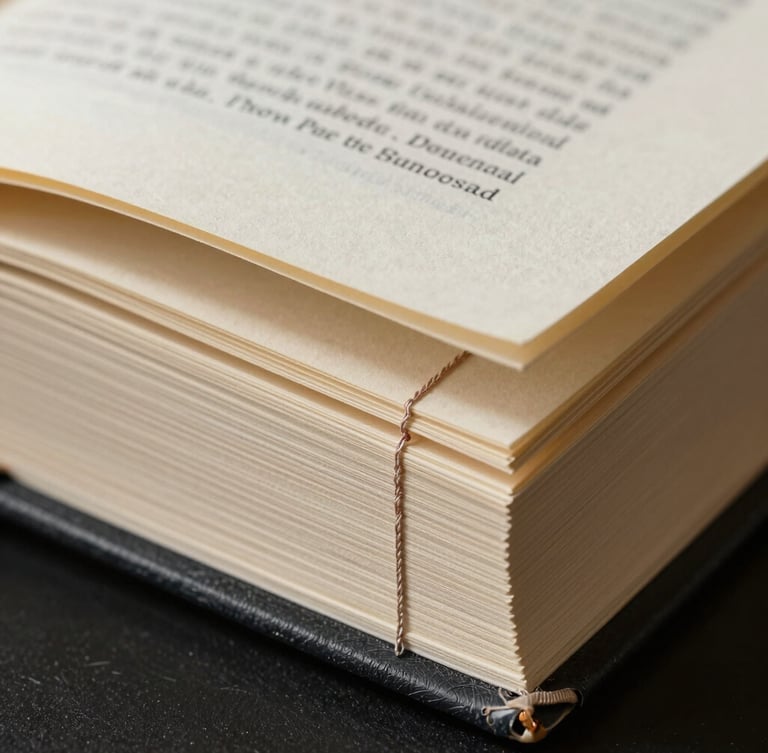 Close-up of Smyth-sewn binding threads visible in an open hardback book, textured cream paper, dramatic side lighting.