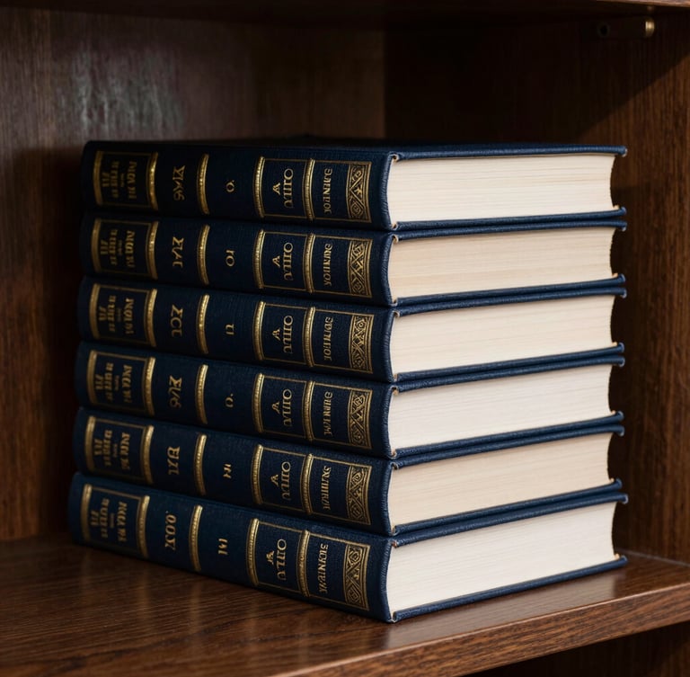 A stack of hardcover theological textbooks with custom cloth-bound covers and gold foil-stamped spines on a dark wooden shelf