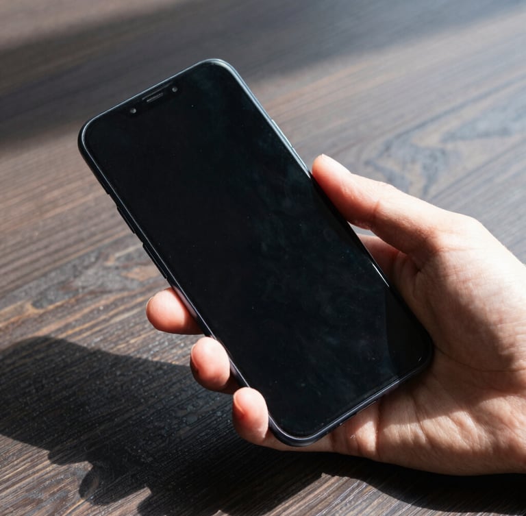 Macro shot of a hand holding a clean Android smartphone showing a minimalist black interface, sharp daylight casting strong geometric shadows on a dark wooden table