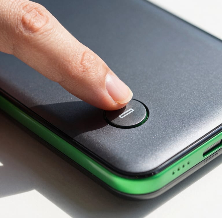 Macro shot of a thumb pressing a physical button on a dark grey Android device, sharp sunlight, green accent light reflecting off the glass edge