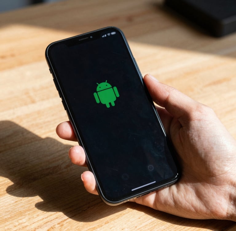 Macro shot of a hand holding a physical Android phone in natural daylight on a wooden workshop desk, crisp shadows, high-contrast UI visible on screen