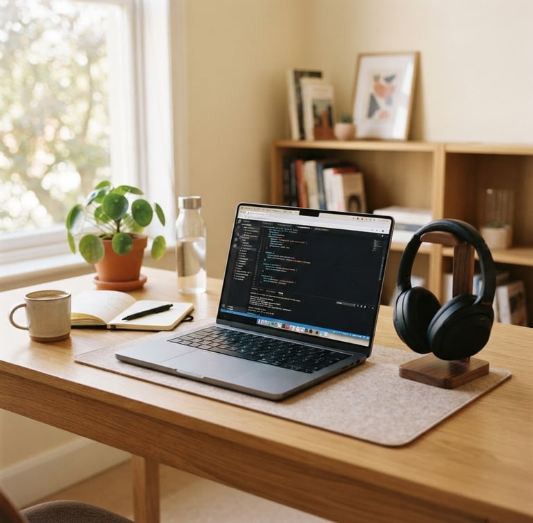 Bright professional photography of a clean home office setting, natural daylight, soft warm tones, modern laptop and professional headset on a wooden desk, 35mm