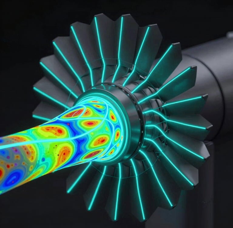 Macro close-up of a high-fidelity 3D CAD turbine mesh overlaid with glowing electric cyan CFD streamline vector fields, dark obsidian background, high-contrast digital rendering