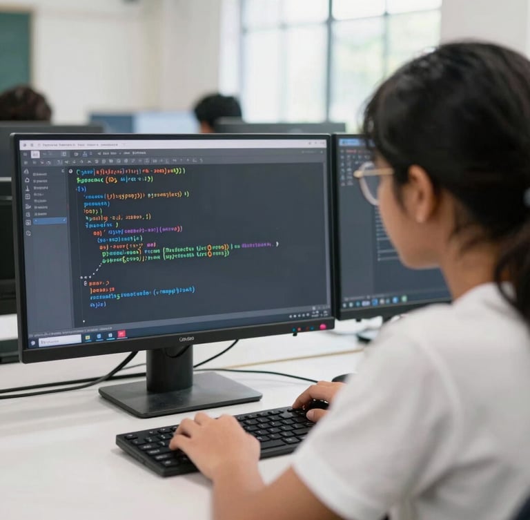 Over-the-shoulder shot of a student coding Python on a clean monitor in a bright Bangalore classroom, warm daylight, 35mm lens