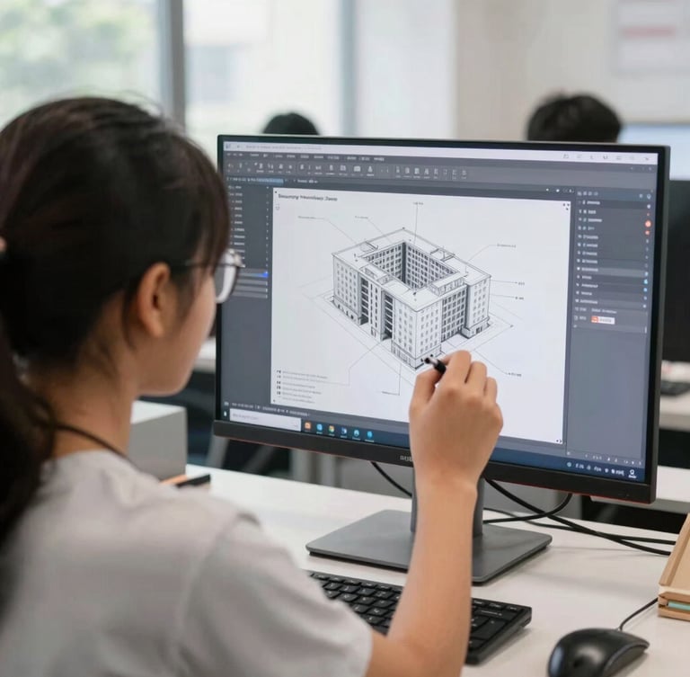 Over-the-shoulder shot of a student designing a 3D building layout in Revit on a large monitor, bright Bangalore classroom setting, natural light
