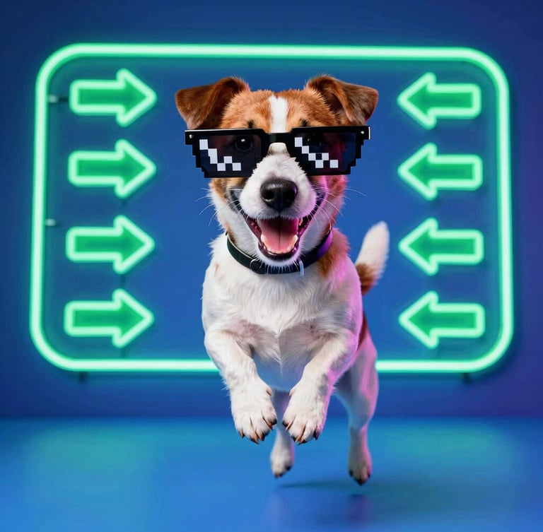 Vibrant flash photography of a happy Jack Russell Terrier wearing pixelated sunglasses, jumping in front of a retro neon chart with green arrows, wide-angle lens, 35mm
