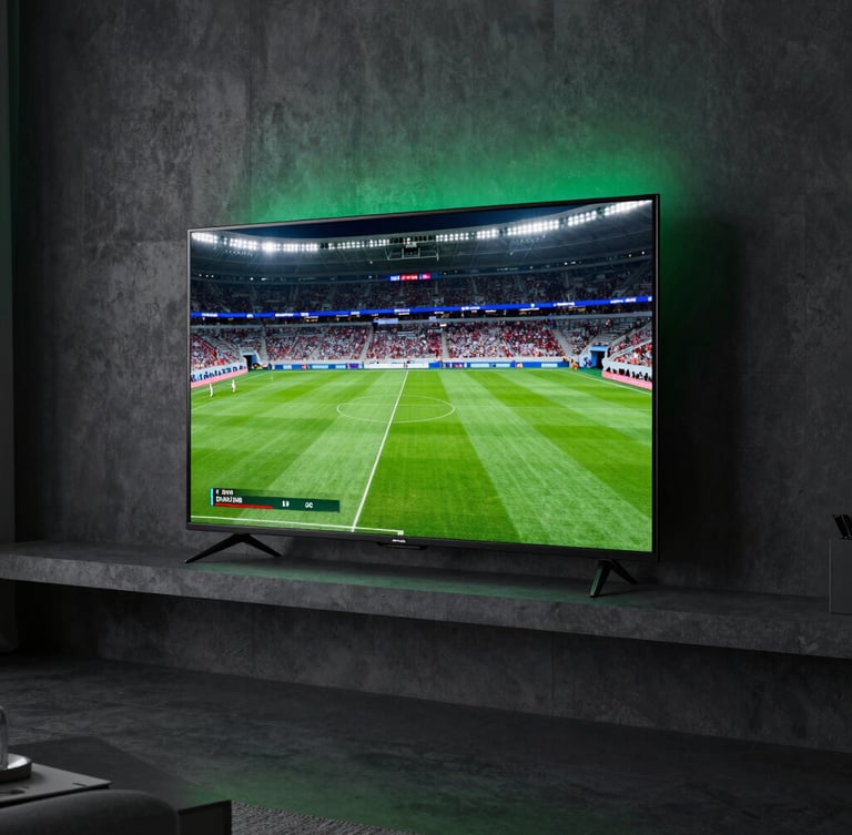 Straight-on shot of a modern, ultra-slim television mounted on a dark concrete wall in a dimly lit living room, glowing with a vibrant sports broadcast, high contrast, green stadium lighting casting a soft neon halo on the wall.