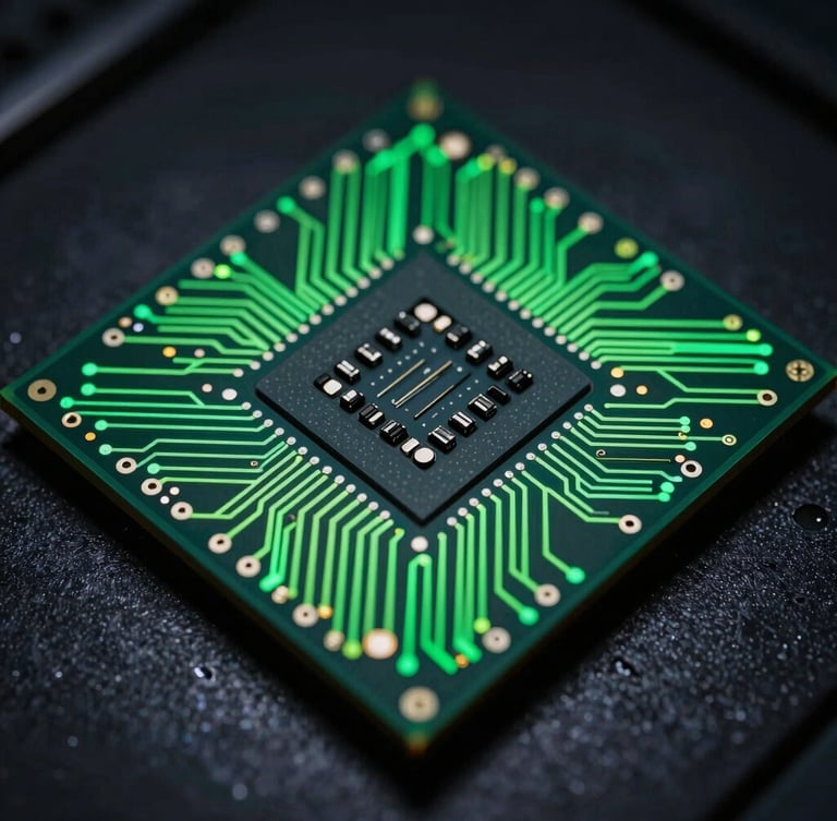 Macro close-up of high-speed server processors with intense green neon circuit lines under low key studio lighting