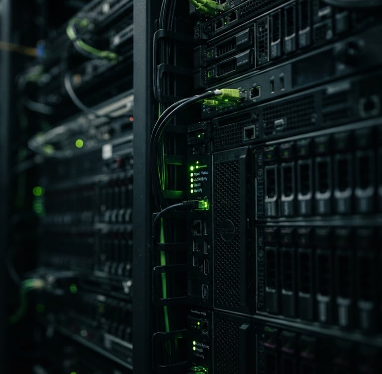 Macro shot of a modern secure server rack with glowing neon green LED indicators, dark slate background, high contrast cinematic lighting
