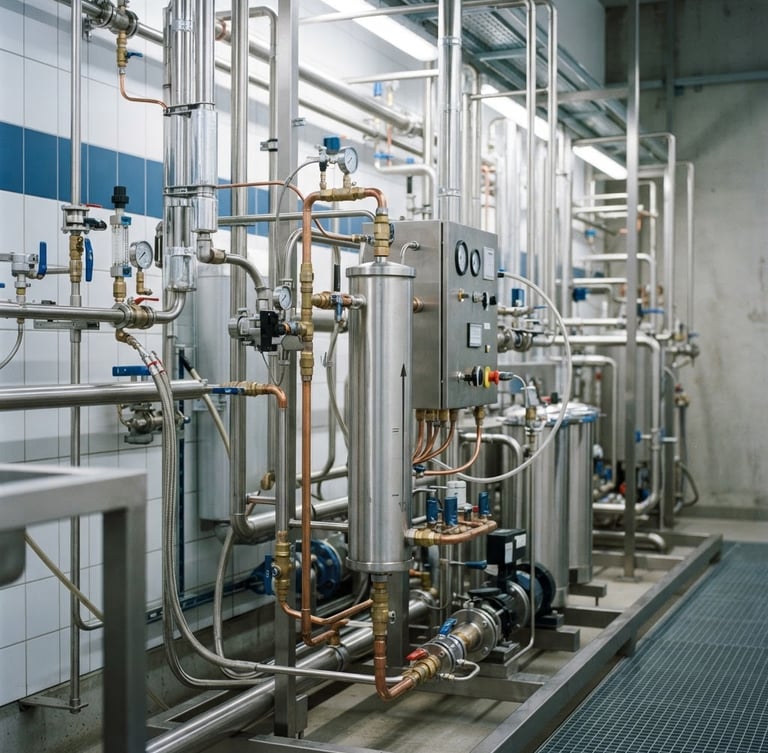 Clean industrial photography of a modern stainless steel water filtration depot, polished copper and steel pipes, bright clinical blue and white lighting, sharp focus on water ionization equipment, 35mm