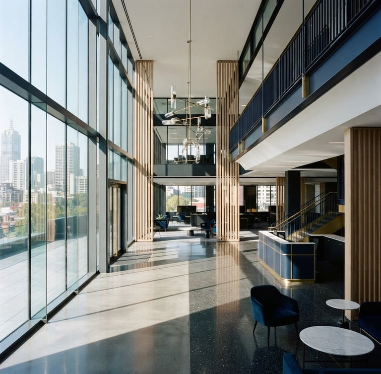 Wide architectural shot of a modern corporate office interior, crisp morning window light, sharp shadows, deep navy and gold accents, structured lines, 35mm, no people.