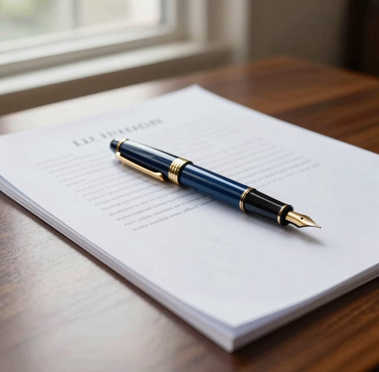 Close-up of a fountain pen resting on structured legal documents on a polished dark wood desk, crisp window light, deep navy and gold accents, 35mm.