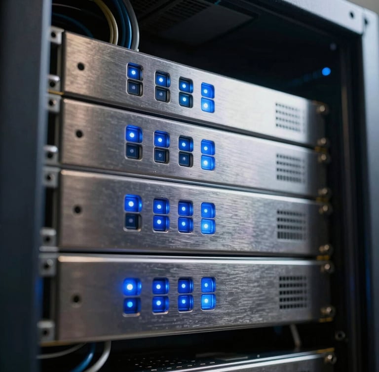 A tight, high-contrast macro shot of a server rack with cool blue indicator lights reflecting on brushed metal surfaces, clean architectural wiring.